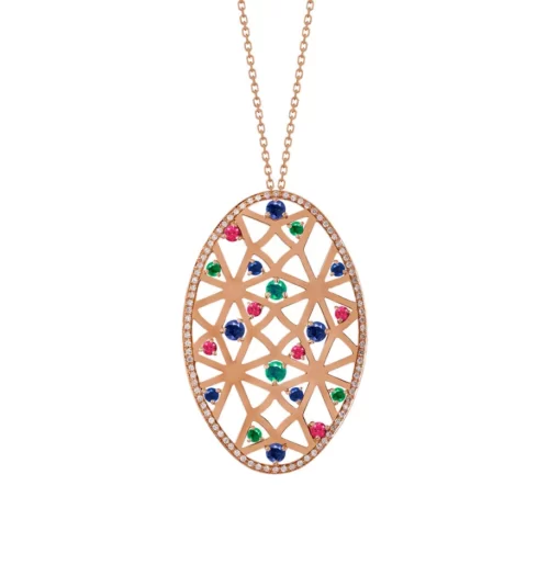 Gold Colorful Gems Diamonds Oval Necklace